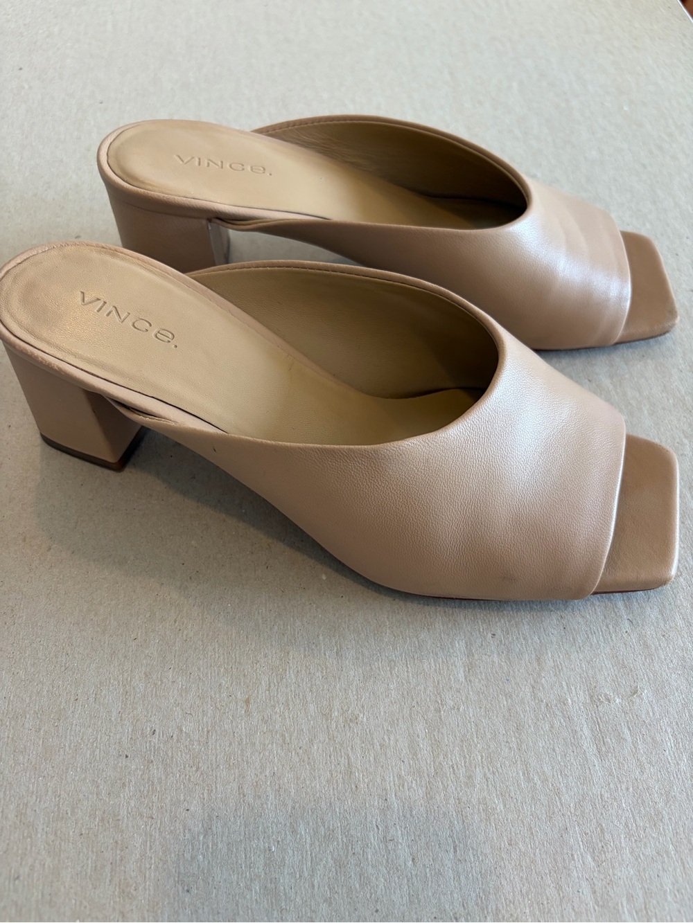 Vince Nude Leather Block Heel Mules 7